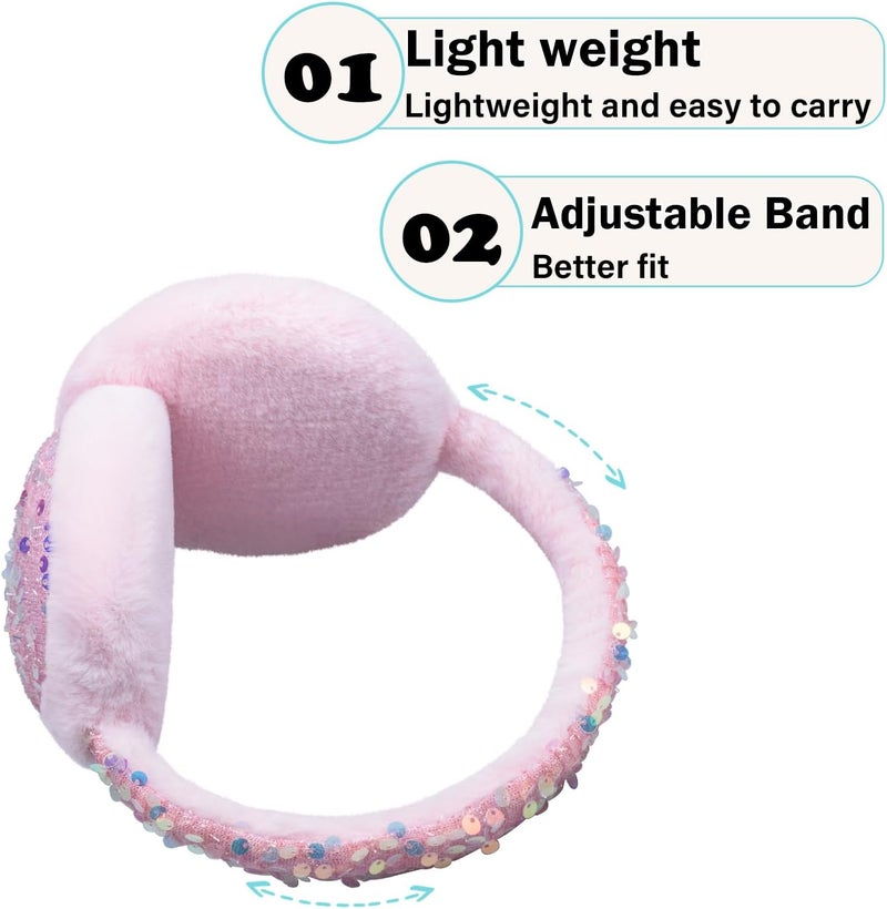 EDCYF Ear Muffs Gloves Set for Kids Girls Winter Ear Muffs Adjustable Sequins Warm Earmuffs Furry Outdoor - Image 3